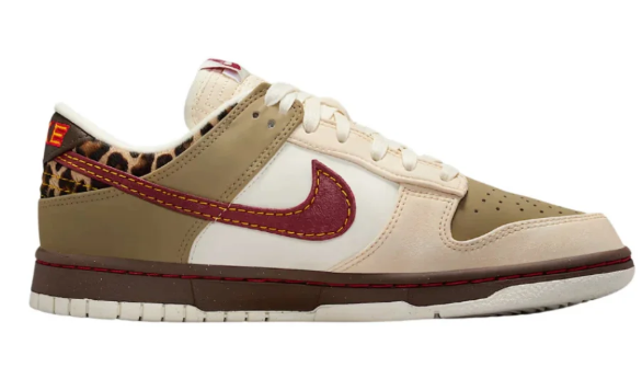 Nike Dunk Low Unisex Sneakers – Beige / Olive / Burgundy with Leopard Details