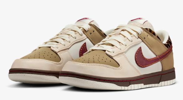 Nike Dunk Low Unisex Sneakers – Beige / Olive / Burgundy with Leopard Details